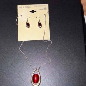 Merona Silver Necklace and earrings with Red Accents